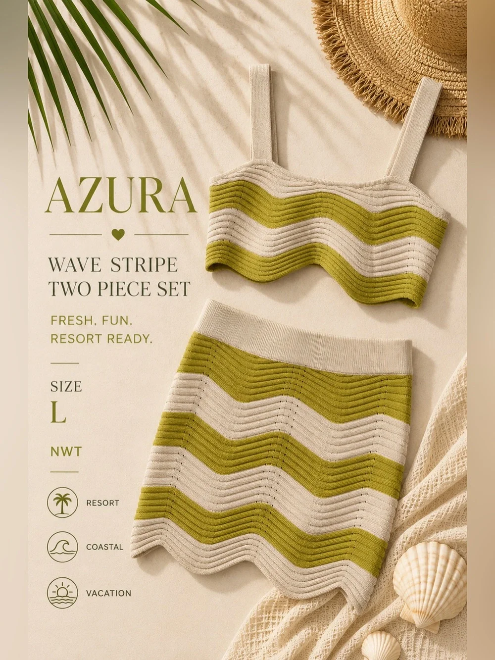 AZURA Wavy Stripe Knit Two Piece Set Top & Skirt Size Large NWT